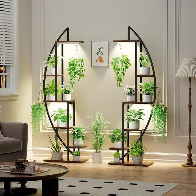6 Tier Half Moon Plant Stand with Grow Lights Indoor Metal Flower Shelf