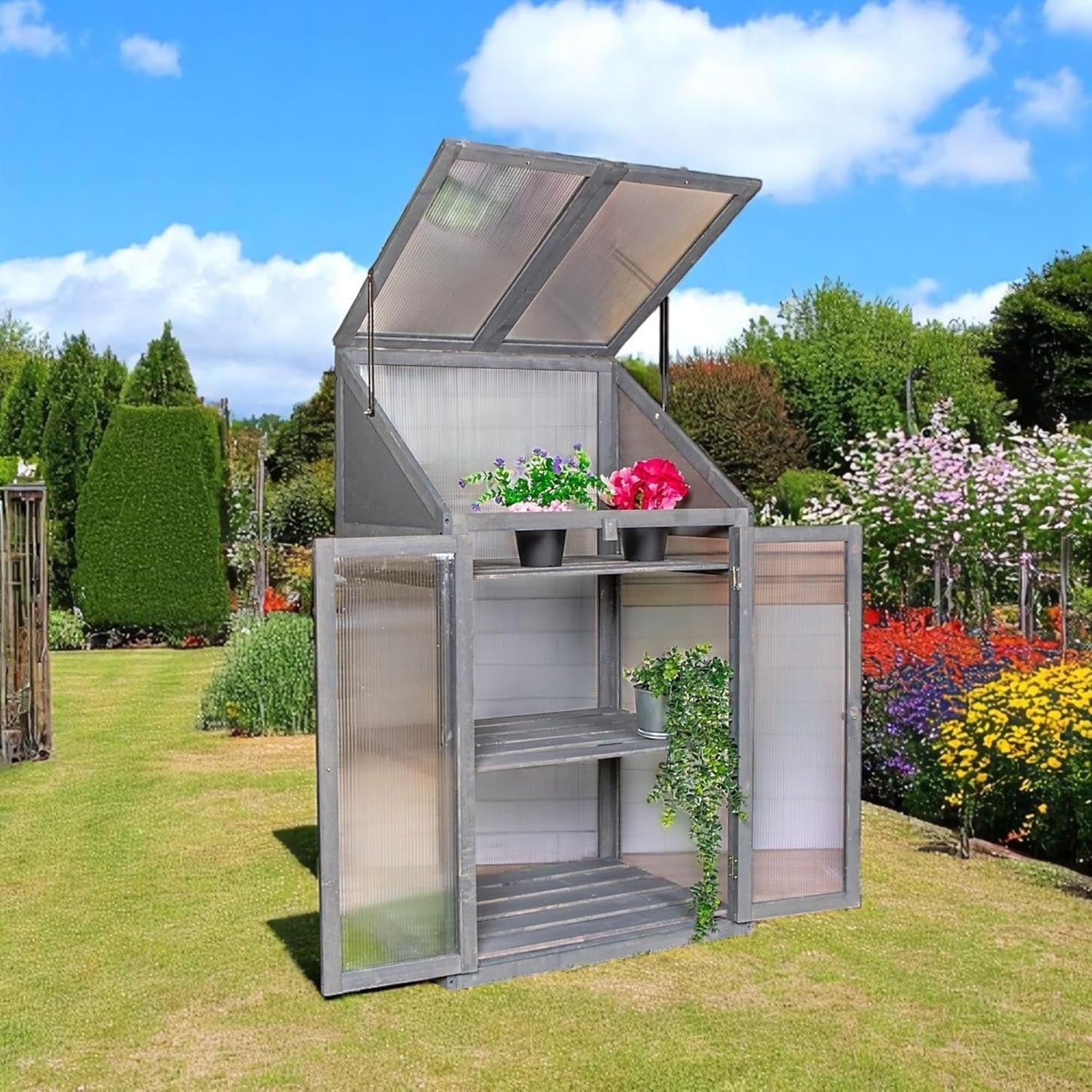 3 Tier Wooden Greenhouse Grey Cold Frame with Double Doors & Skylight