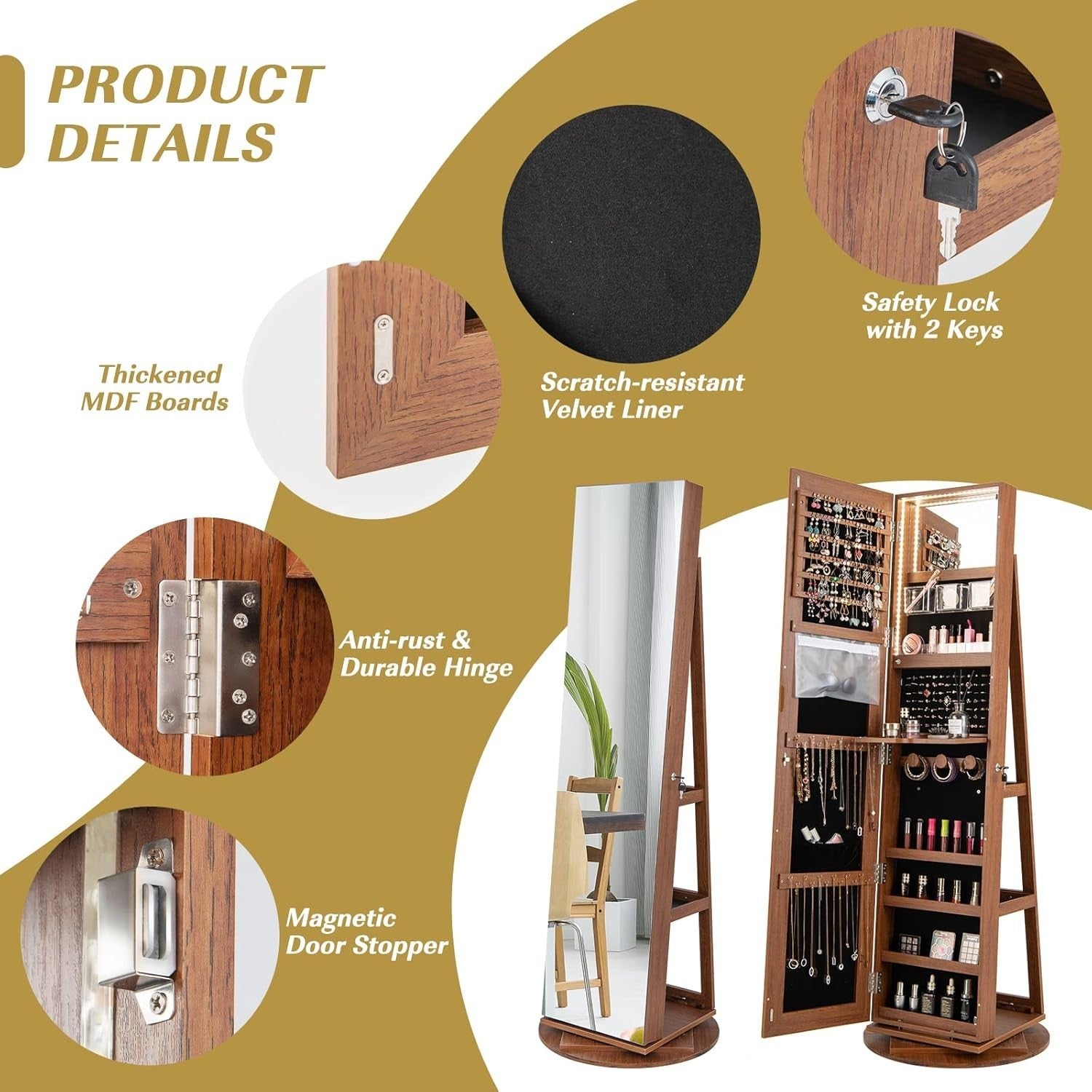 360° Swivel Jewelry Armoire Lockable Full Length Mirror LED Storage Brown
