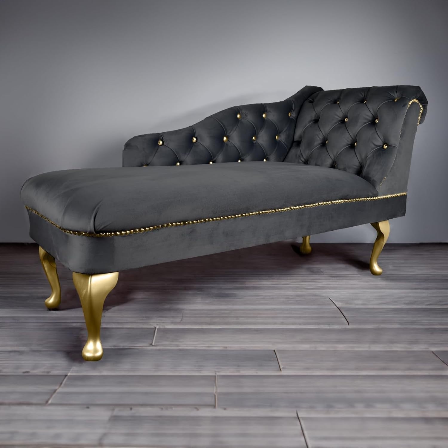 Velvet Chaise Lounge Sofa Tufted Right Hand Chair Grey Bedroom Living