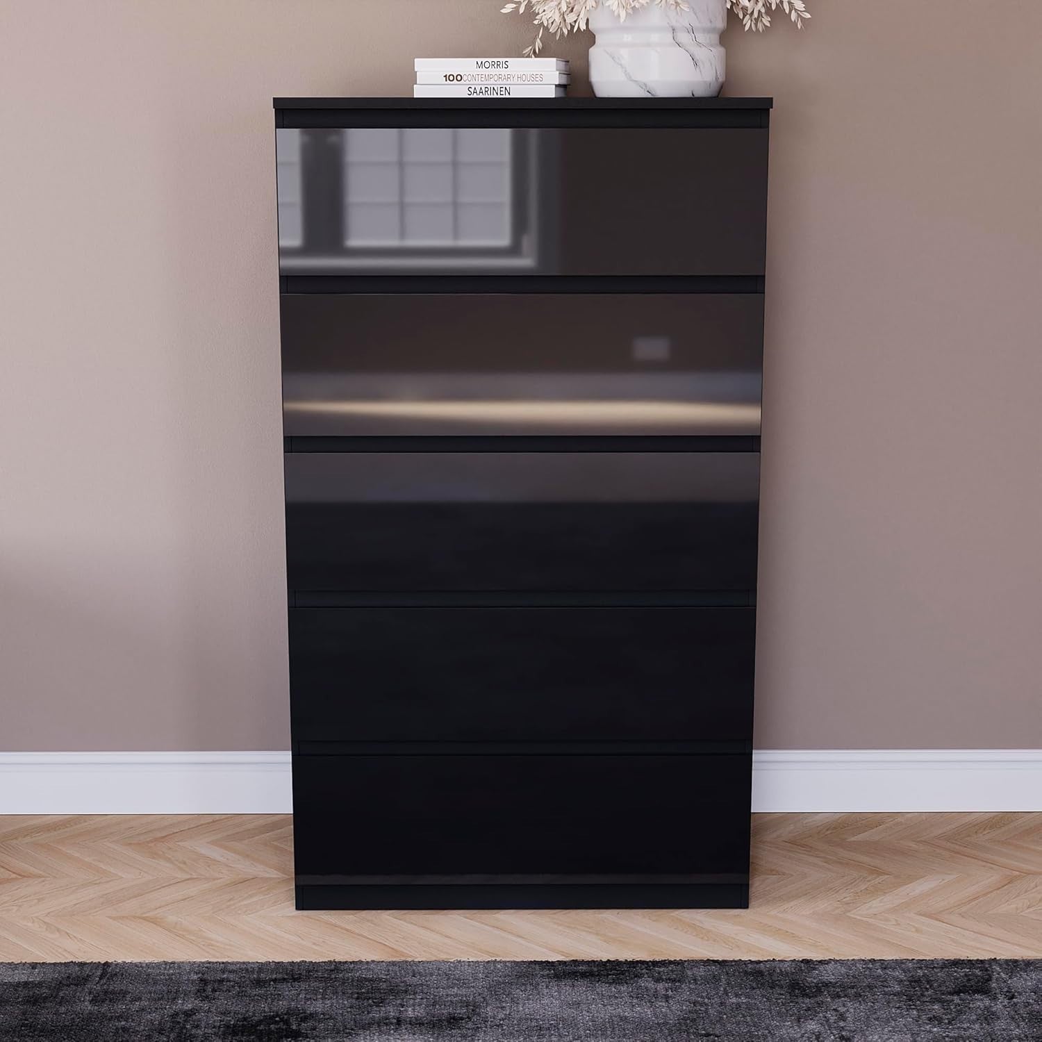 Black High Gloss 5 Drawer Chest Modern Storage Cabinet Bedroom Organizer