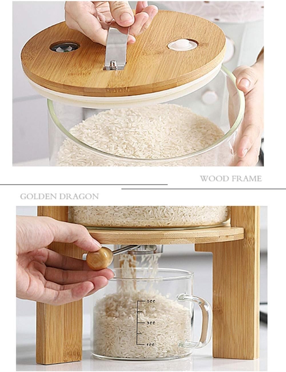 8L Glass Flour Cereal Container Airtight Rice Dispenser w Wooden Stand
