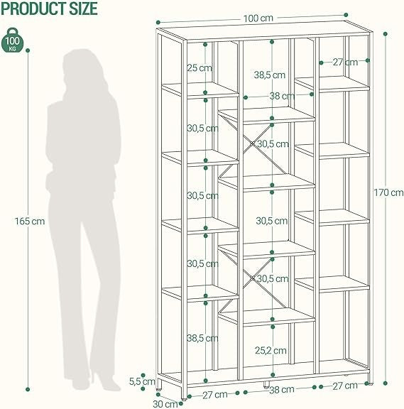 Tall 6 Tier Industrial Bookcase Rustic Brown Black Metal Shelves 15 Cube Storage