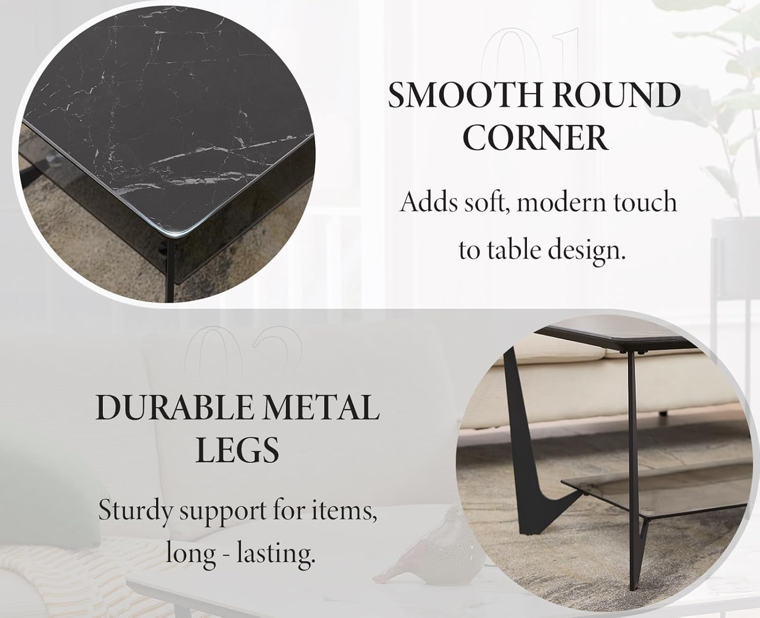 Modern Marble Look Coffee Table with Glass Shelf & Sleek Metal Legs 110x60cm