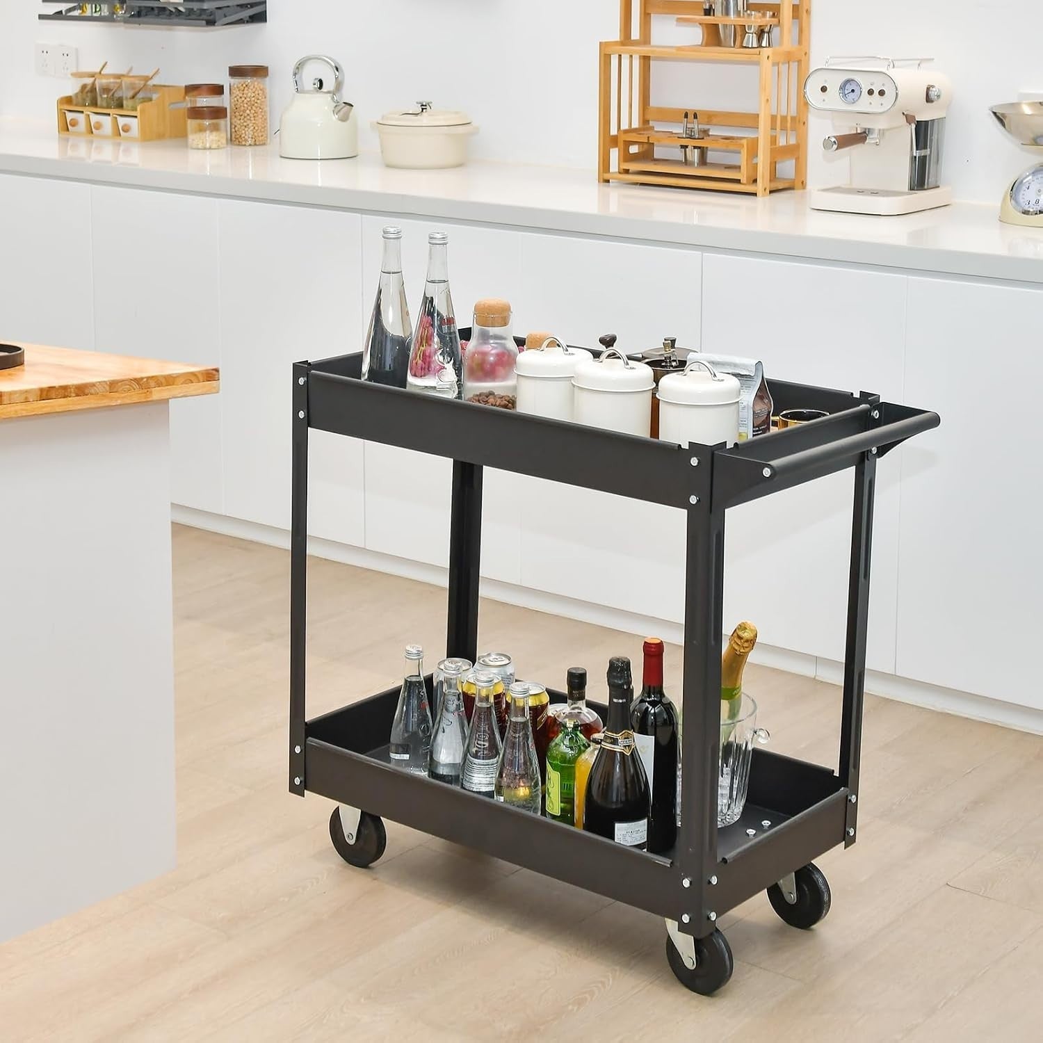 2 Tier Rolling Utility Trolley Heavy Duty Storage Cart with Wheels Black