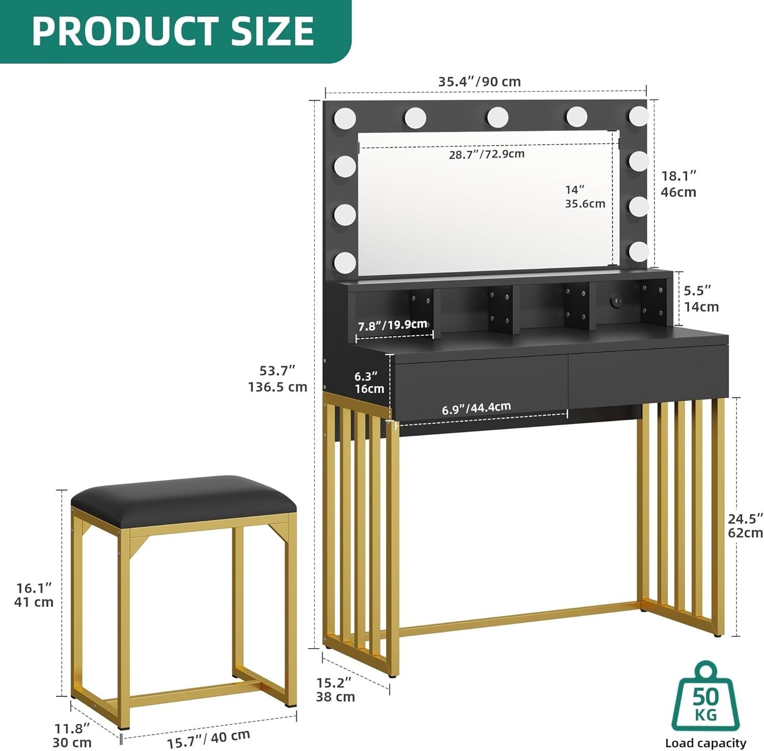 Hollywood Dressing Table Makeup Vanity Desk w/ Lighted Mirror Stool Drawers USB