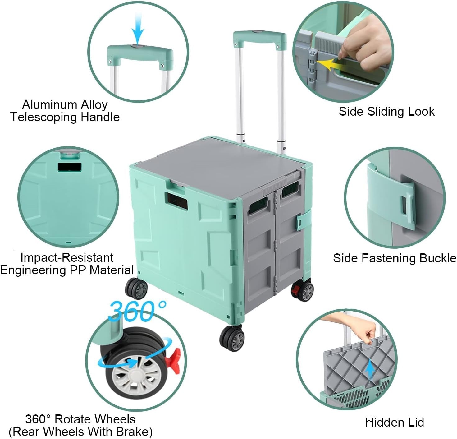Foldable Grocery Trolley Cart 50Kg Portable Storage Box w/ Lid Green