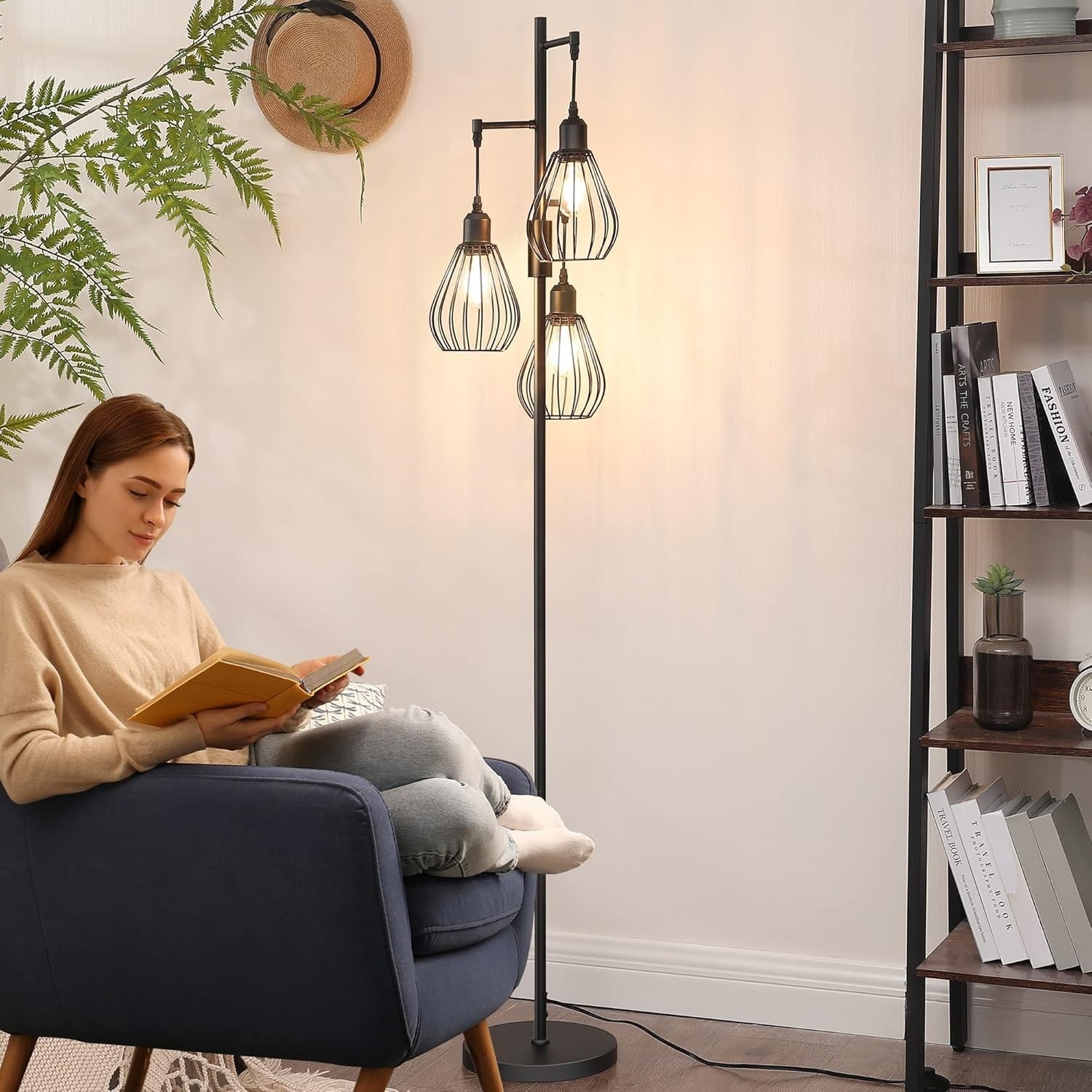 Industrial Floor Lamp with Wire Cage Shades, Dimmable, 3 LED Bulbs Included