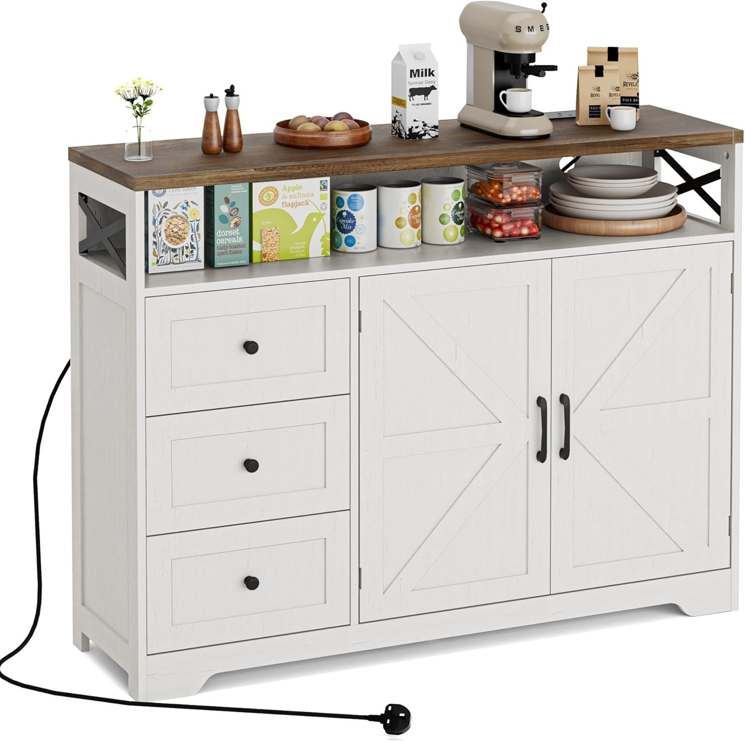 White Sideboard Cabinet 95cm Storage Unit Drawers Adjustable Shelf Charging Hub
