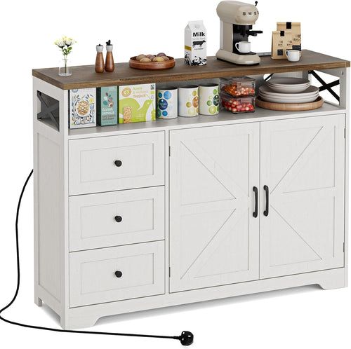 White Sideboard Cabinet 95cm Storage Unit Drawers Adjustable Shelf Charging Hub