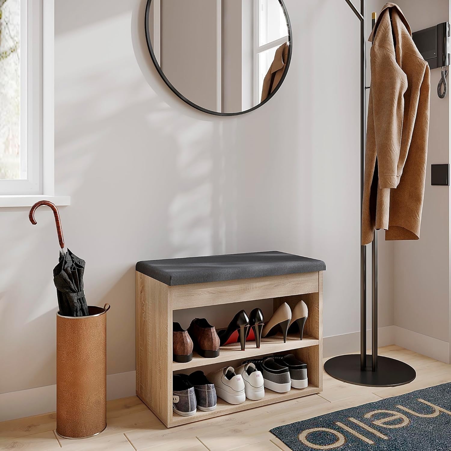 Compact Sonoma Oak Shoe Bench with Cushion Hidden Storage Entryway Seat