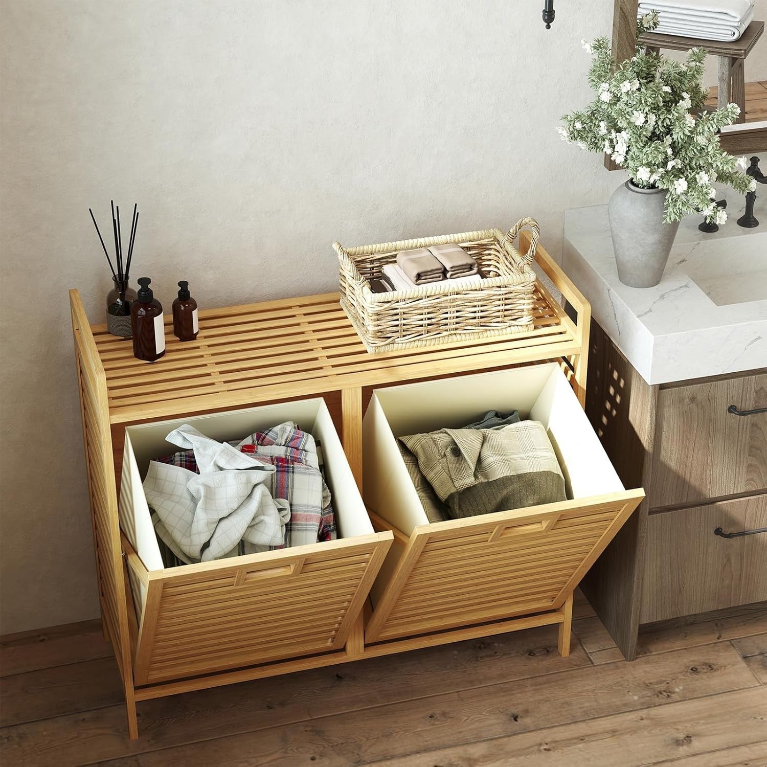 75L Bamboo Double Tilt-Out Laundry Hamper With Shelf Removable Bags Unit