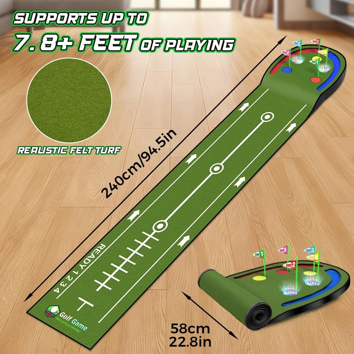 Kids Golf Putting Mat LED Light Up 7.8ft Training Green Indoor Outdoor
