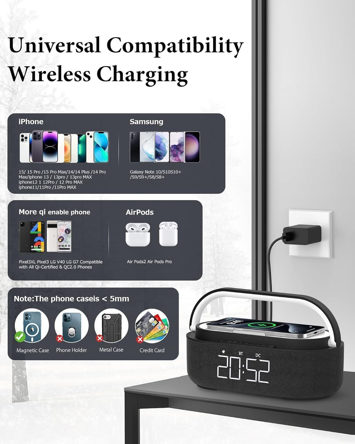 Bluetooth Alarm Clock Wireless Charger Speaker FM Radio Snooze