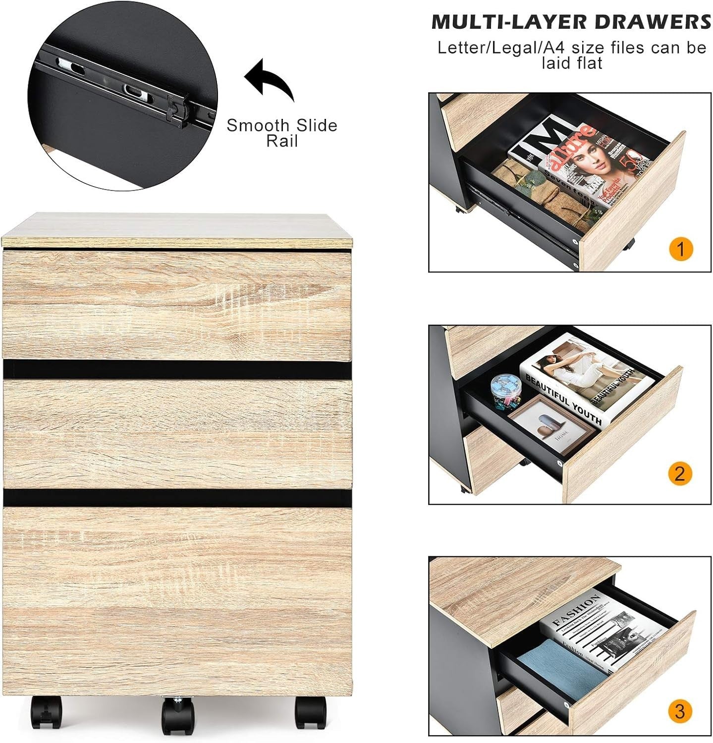 Rolling 3 Drawer File Cabinet Printer Stand Under Desk Storage Unit