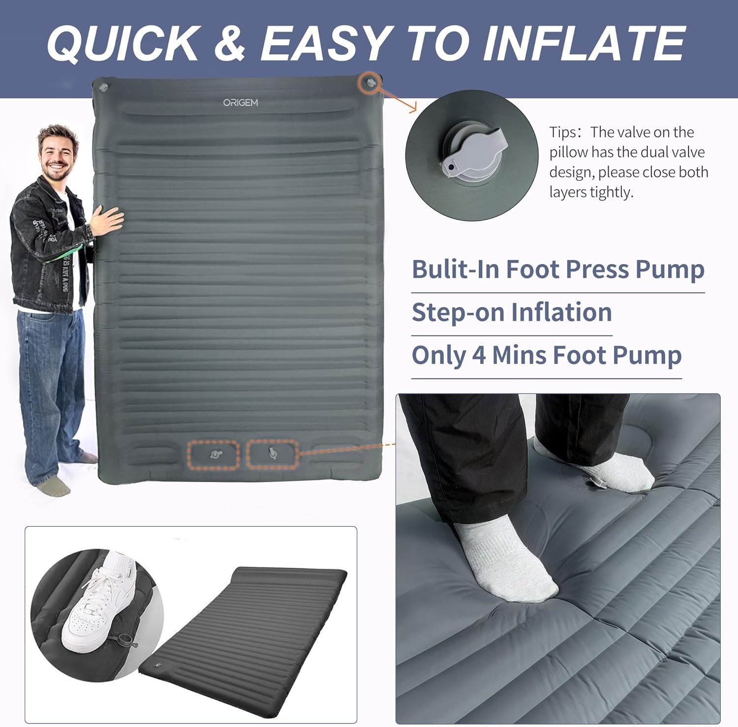 Self-Inflating Double Camping Mattress | Extra Thick, Wide, Portable