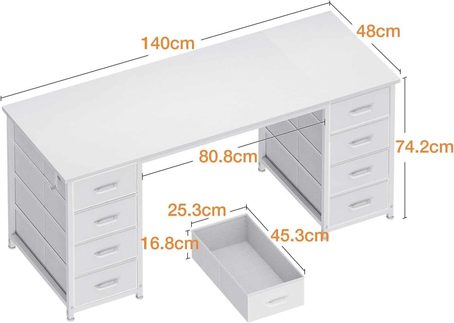 White 140x48cm Computer Desk with 8 Drawers, Modern Study & Office Table