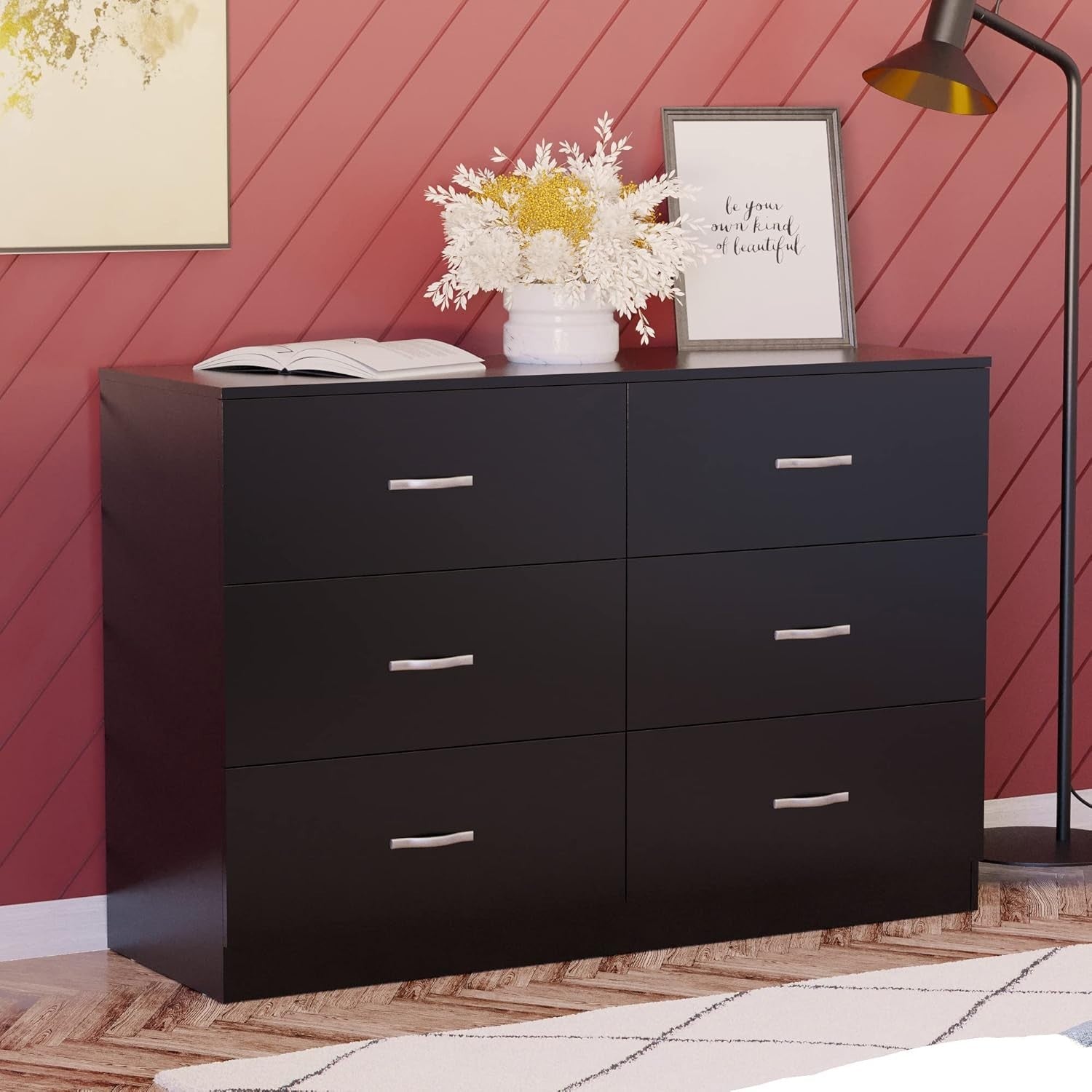 Black 6 Drawer Wide Chest Bedroom Storage Cabinet Unit Modern