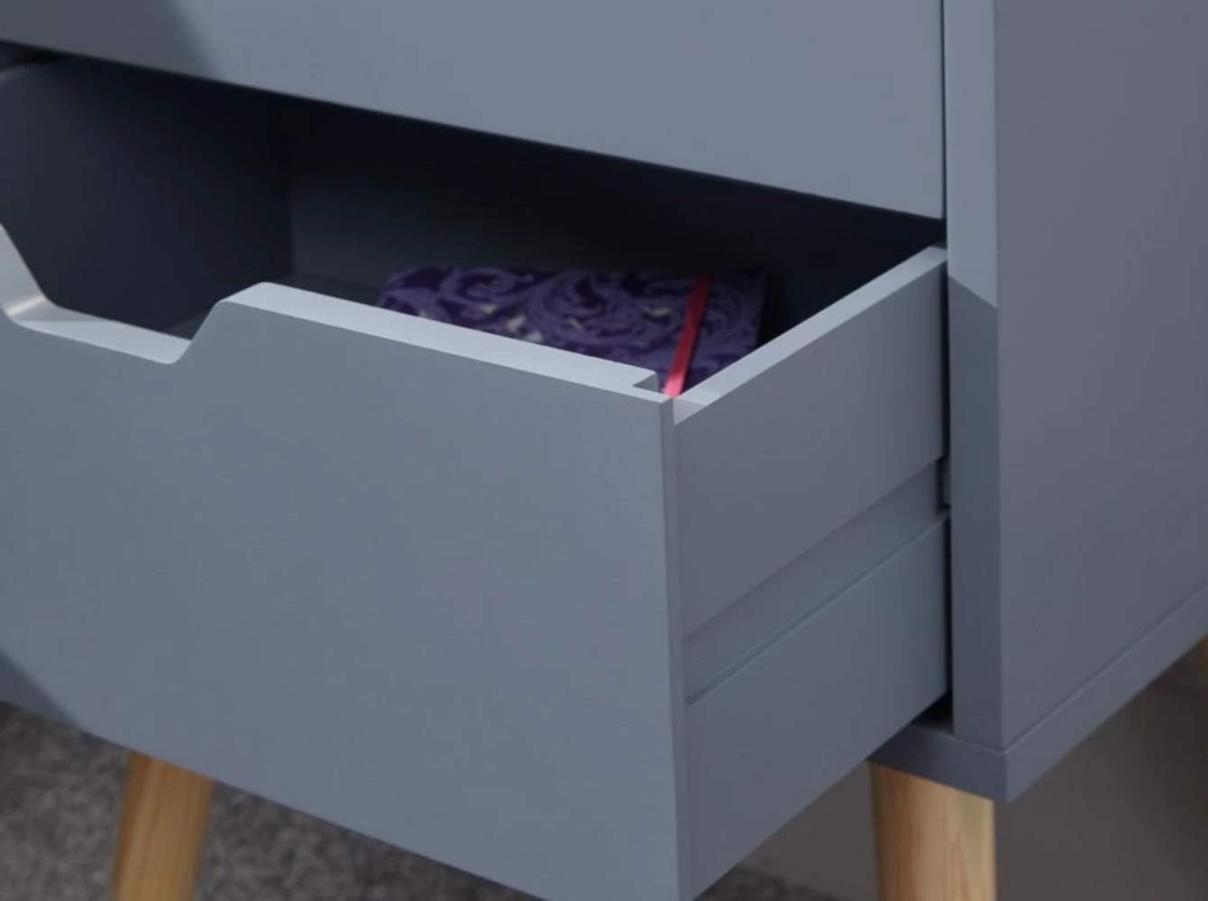 Set of 2 Modern Dark Grey Bedside Tables with 2 Drawers & Wooden Legs
