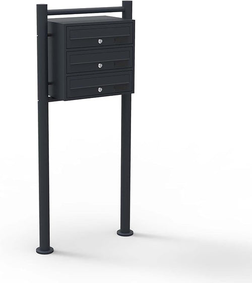 3 Door Black Pillar Letterbox Post Stand Lockable Mail System Durable Steel