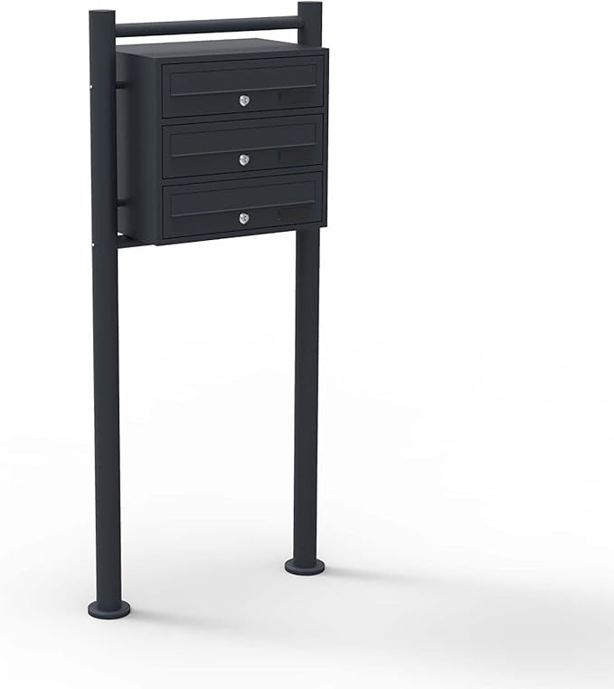 3 Door Black Pillar Letterbox Post Stand Lockable Mail System Durable Steel