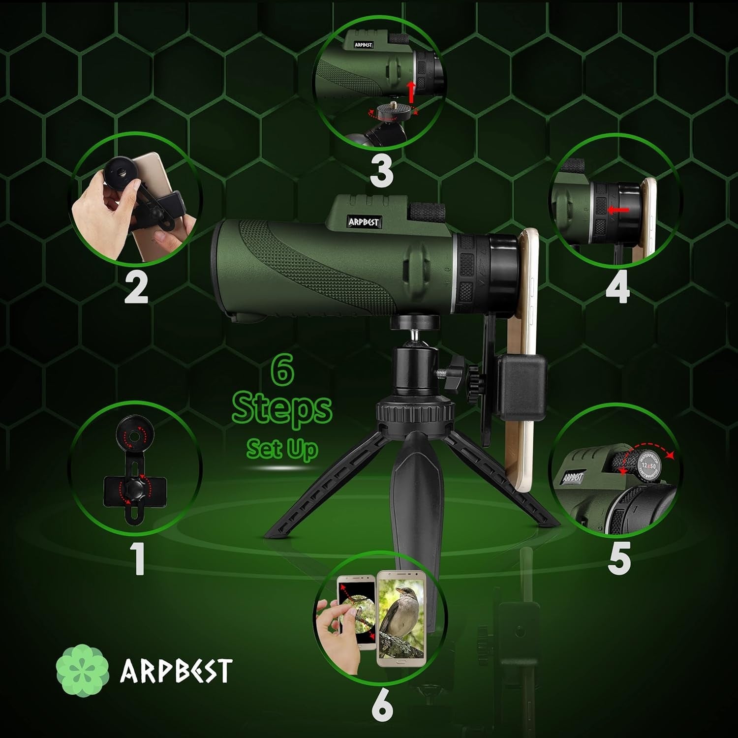 12X50 High Power Monocular FMC BAK4 HD Lens w/ Tripod & Phone Holder