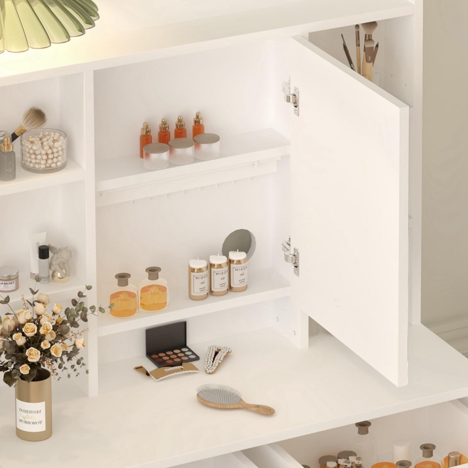 Modern White Dressing Table Vanity Set LED Mirror Adjustable Shelves Wood