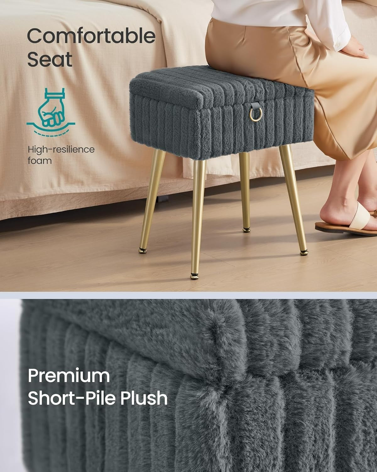 Slate Grey Vanity Stool with Storage Plush Seat Footrest Ottoman Chair