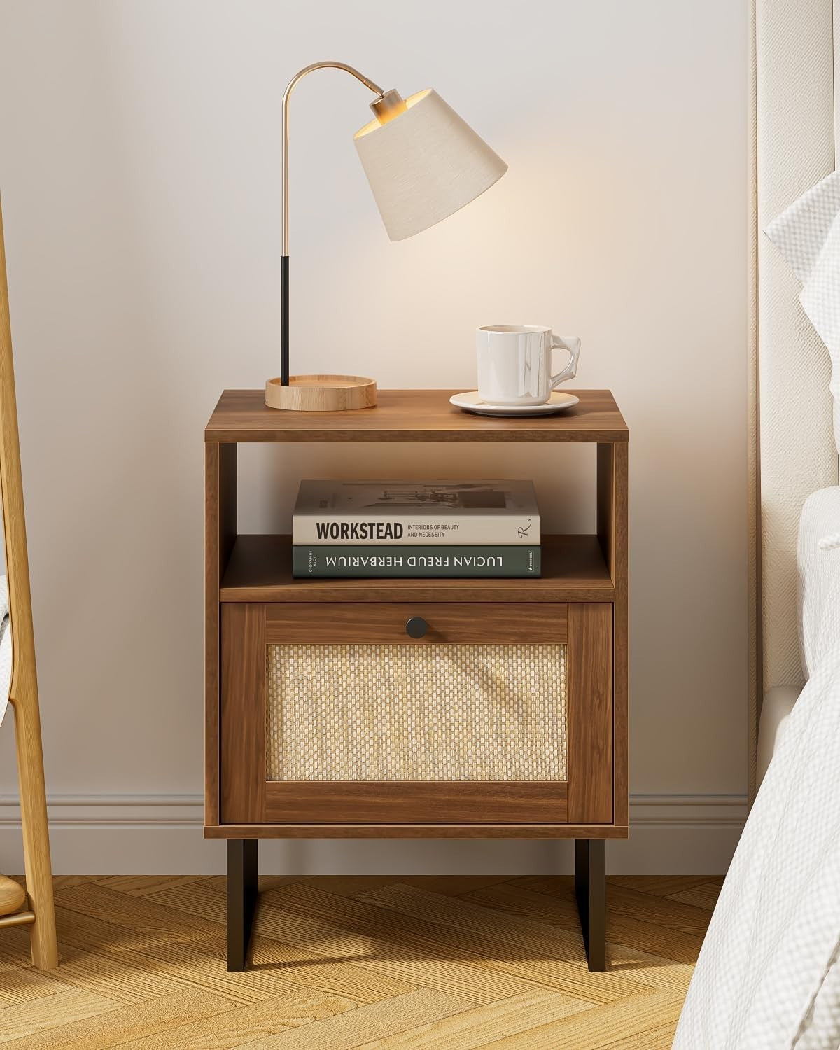 XL Rattan Bedside Table with Drawer Walnut Wood Nightstand Boho Farmhouse Style