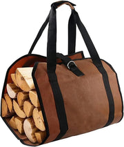 Heavy-Duty Canvas Firewood Carrier Bag with Handles & Strap - Brown,600D