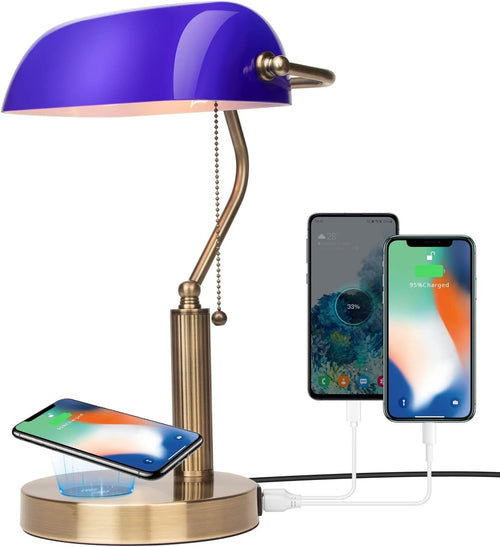 Blue Glass Desk Lamp with Wireless Charger & USB Port, Retro Style