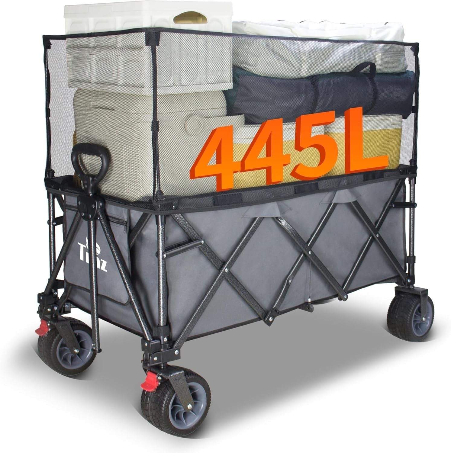 Extra Large 445L Folding Wagon Cart 120kg Load w/ Canopy Brakes All-Terrain Grey