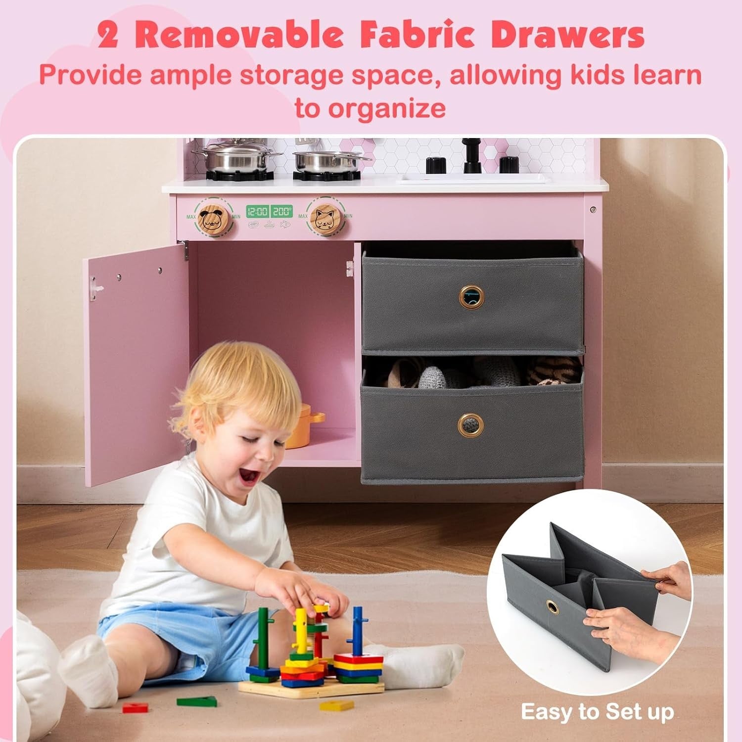 Wooden Kids Play Kitchen Pink Toy Set Sink Dishwasher Storage Stove