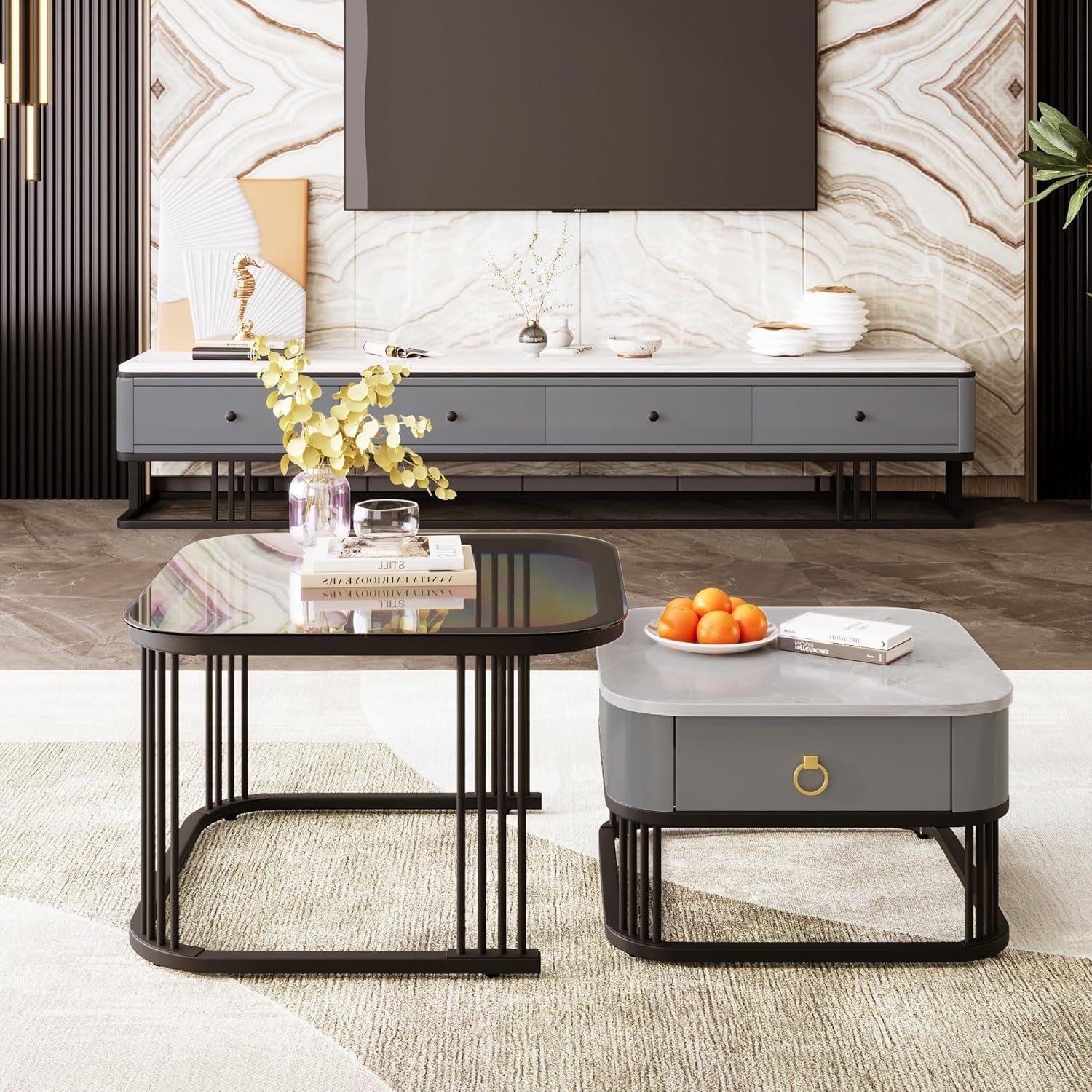 Modern Glass Nesting Coffee Table Set with Drawer – Marble & Black Frame