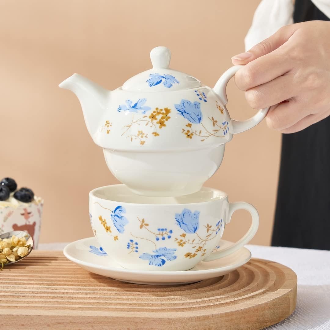 Tea for One Porcelain Teapot Cup Saucer Set Blue Orchid Floral Gift