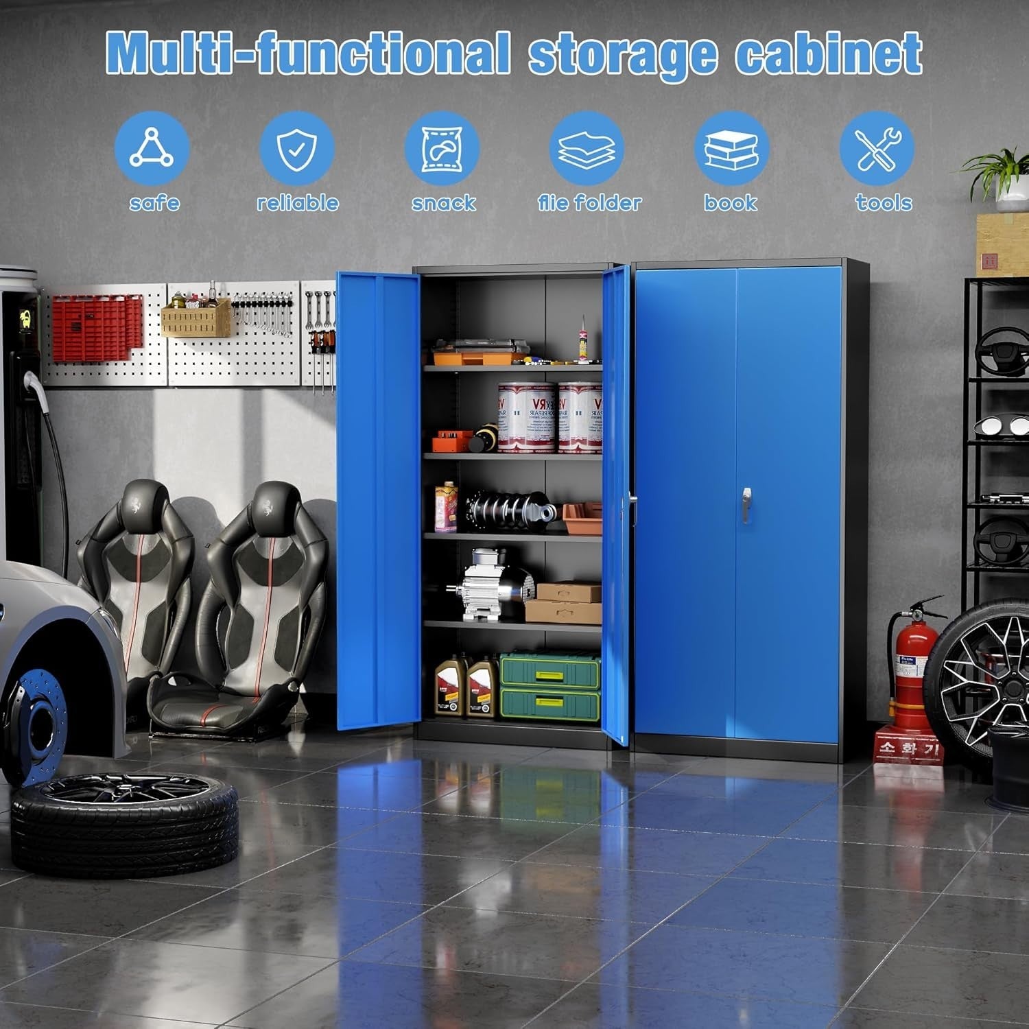 Lockable Steel Storage Cabinet 140cm with Shelves for Garage & Office