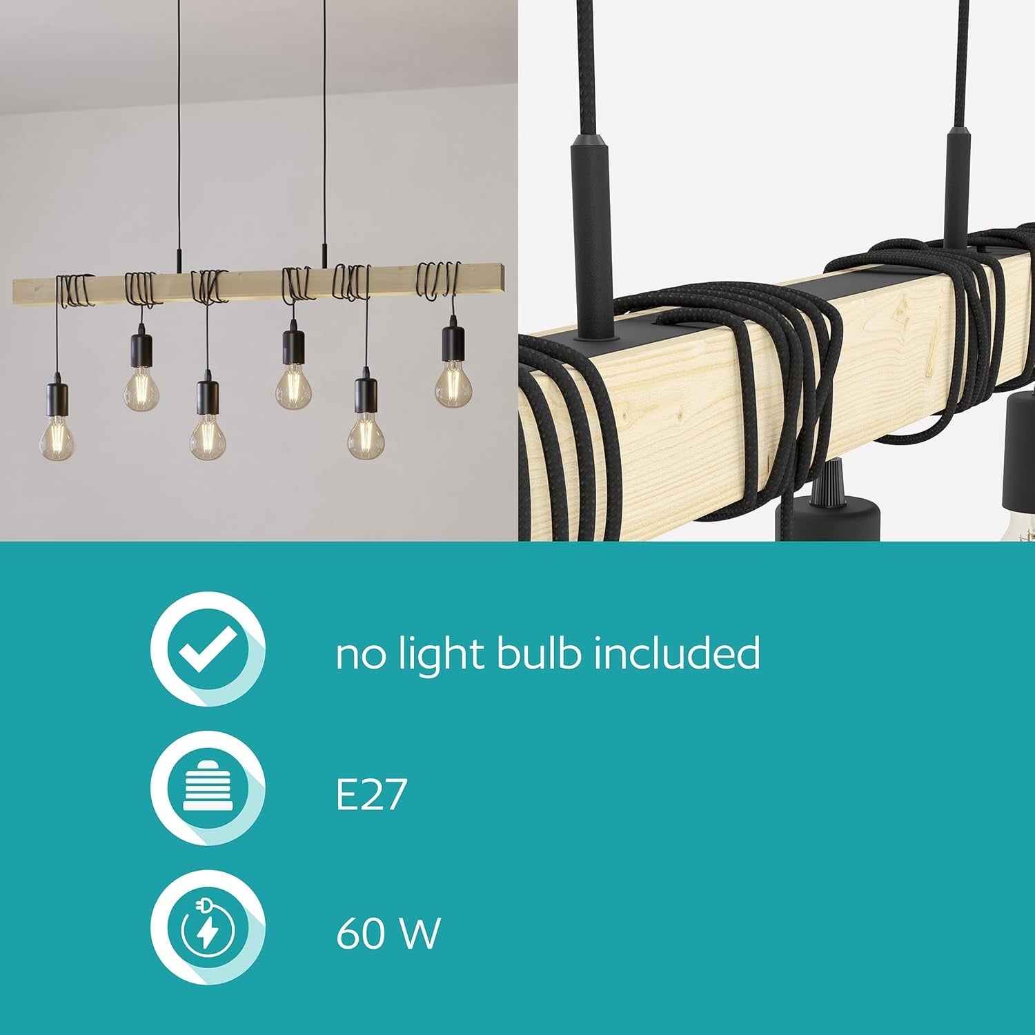 6 Light Industrial Pendant Ceiling Lamp Wood & Metal Vintage E27