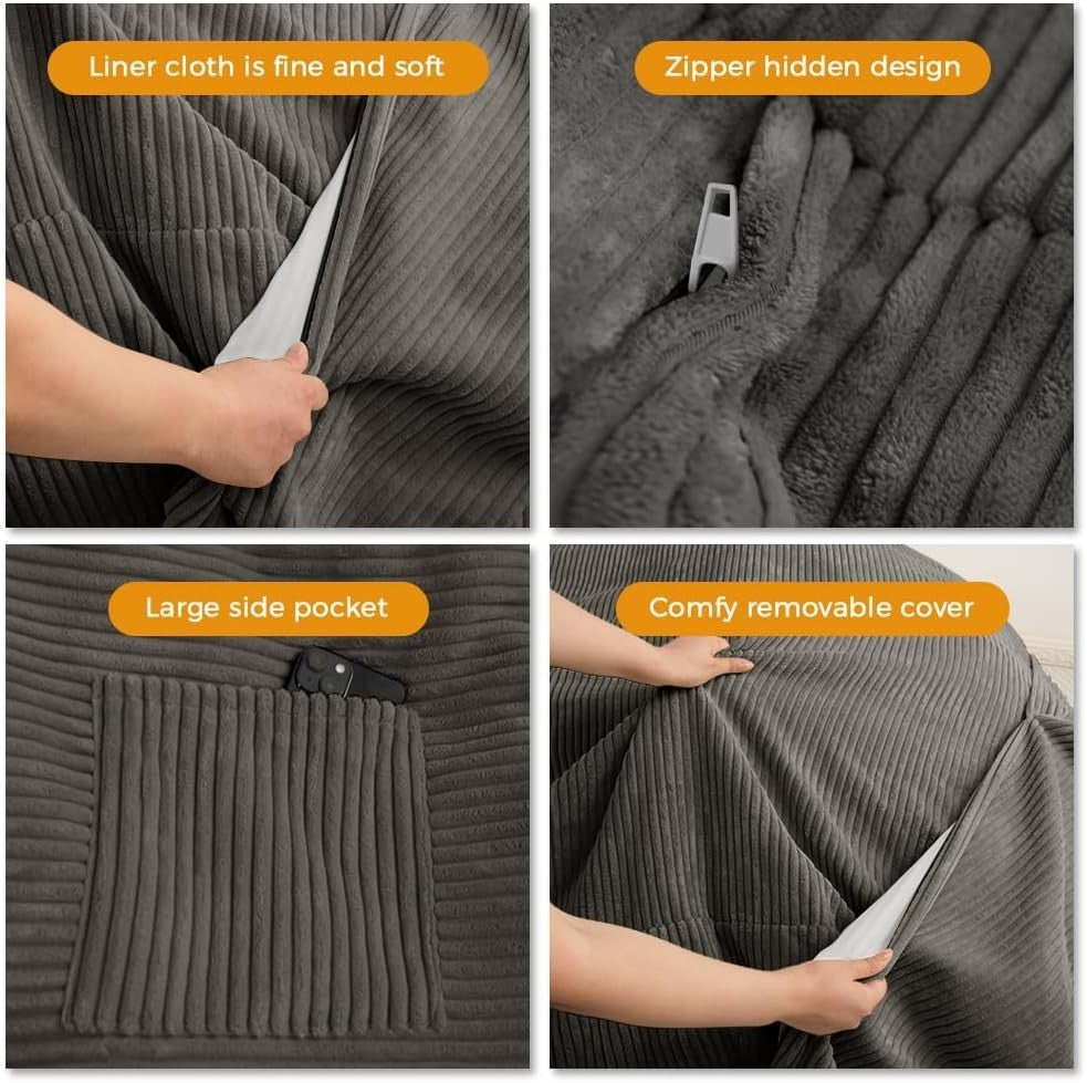 Convertible Bean Bag Bed Sofa Chair Double King Size Corduroy Charcoal