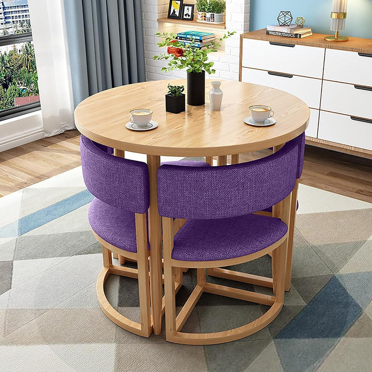 Compact Office Round Table Set – 80cm Meeting Desk with 4 Cushioned Chairs