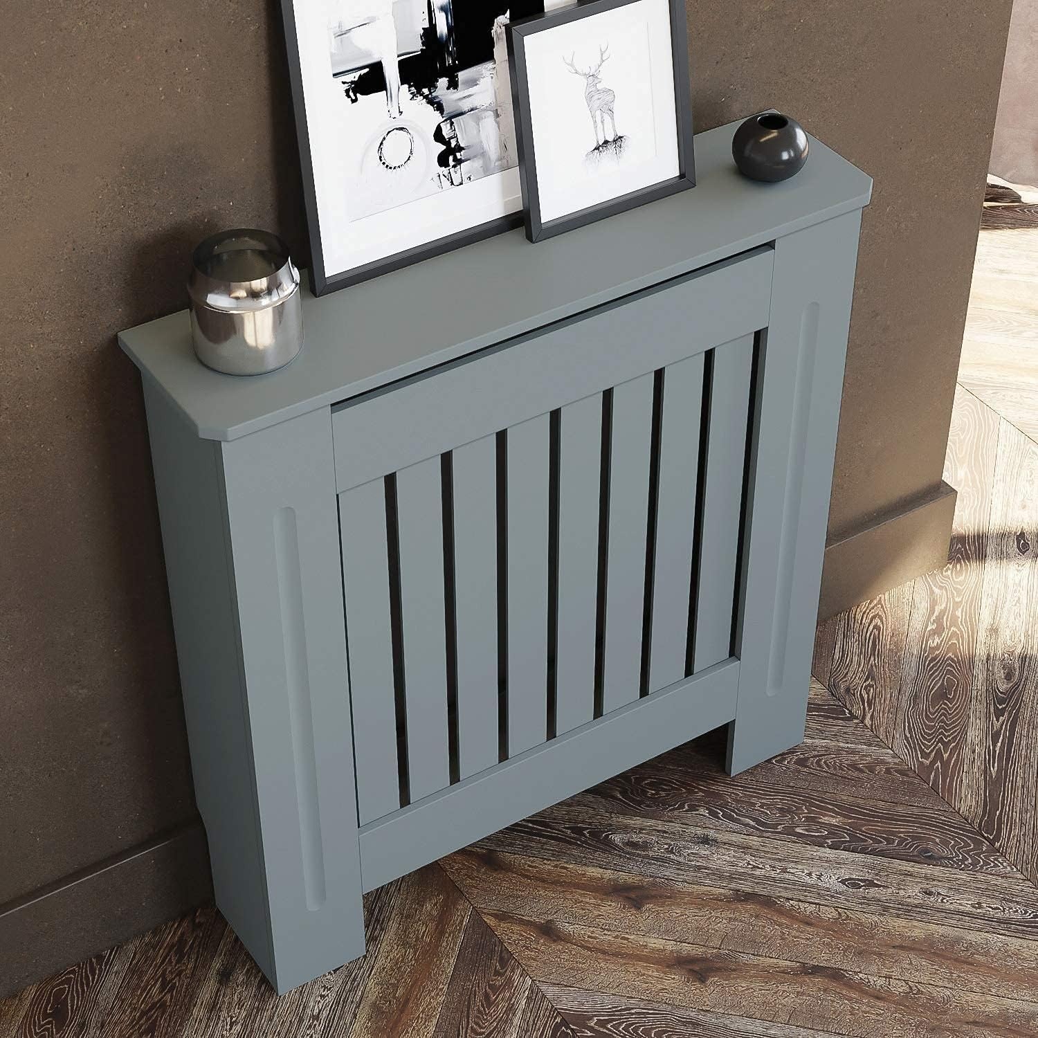 Small Grey Radiator Cover Cabinet | Modern Vertical Slatted MDF Heater Cover