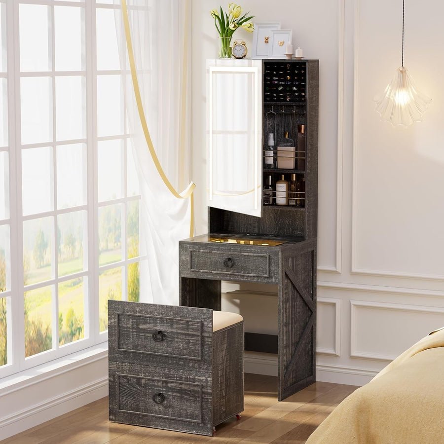 Brown LED Vanity Dressing Table with Charging Station Jewelry Storage
