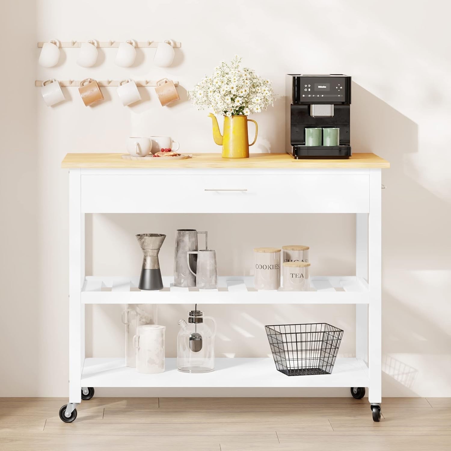 Rolling Kitchen Island Cart White Wood | Cabinet, Drawers, Shelves 101cm
