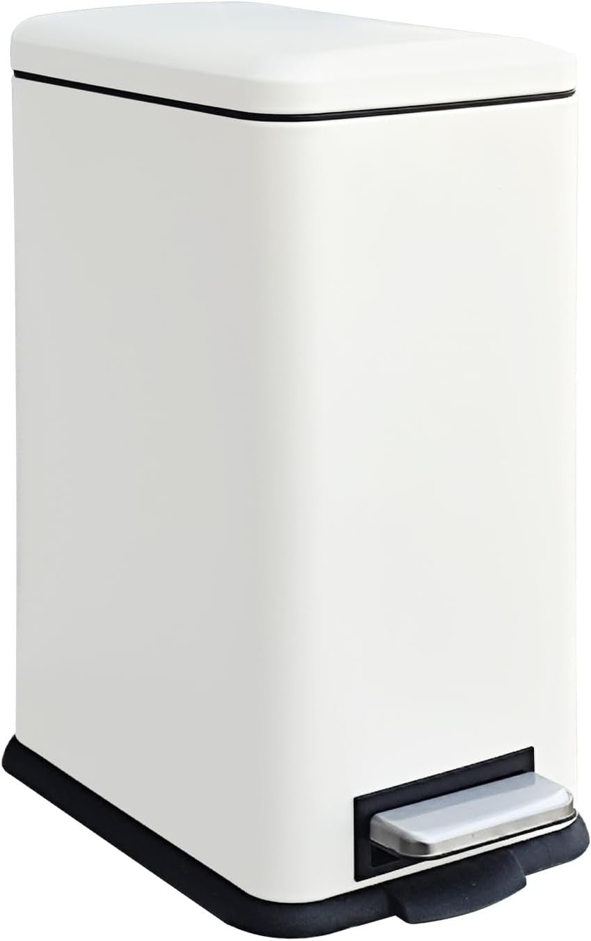 17L White Stainless Steel Pedal Bin Slim Bathroom Soft Close Lid