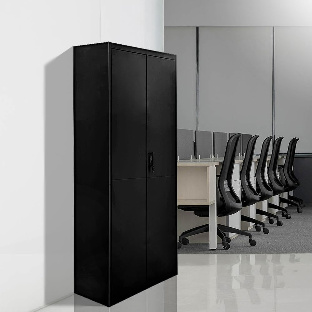 Tall Black Metal Storage Cabinet 2 Door Cupboard 5 Shelves 185cm Lockable