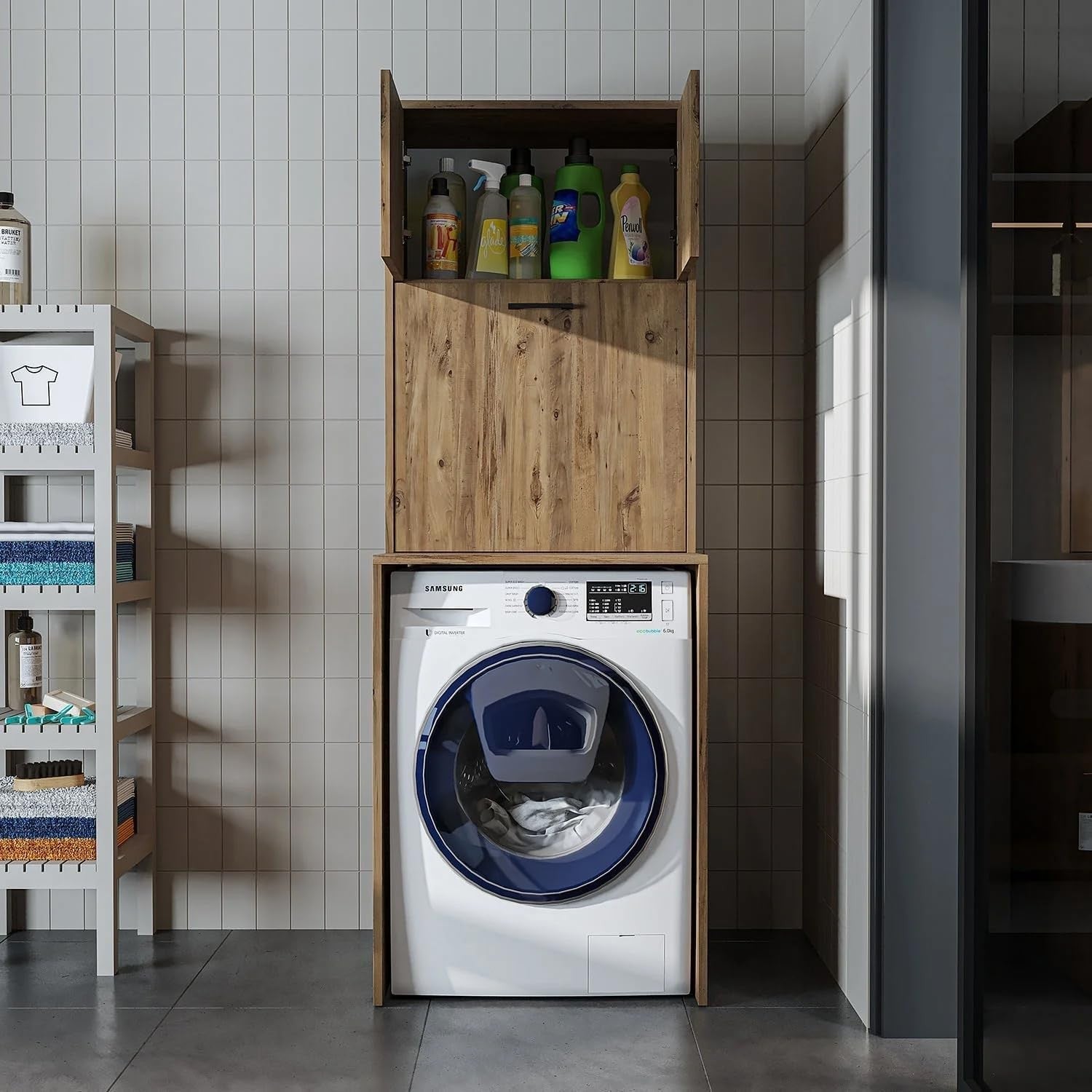Luna Washing Machine Cabinet, Premium Melamine Coated Panels, White-Oak, 180.5cm