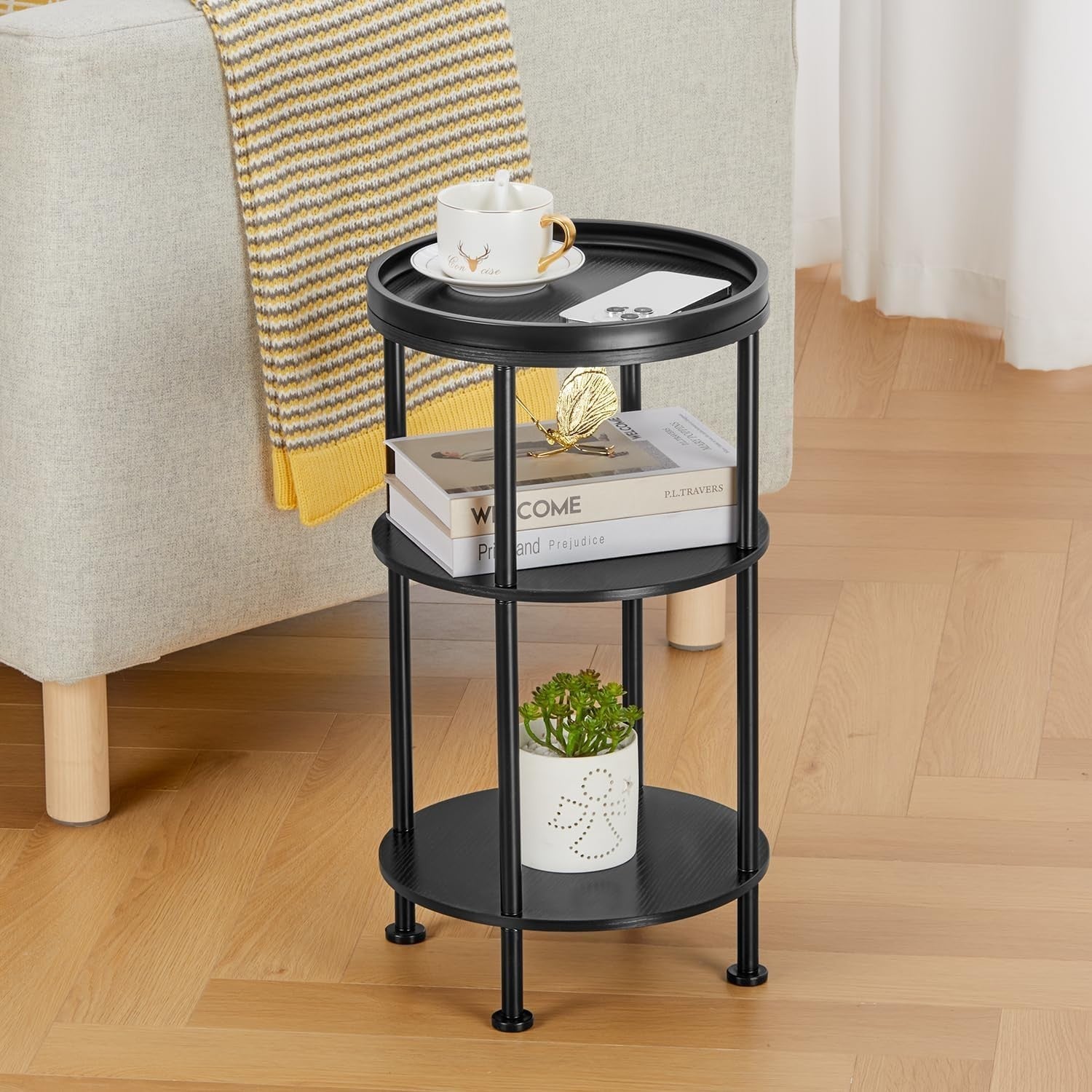 3 Tier Round Side Table with Storage Shelf Metal Frame Small Space 30x55cm
