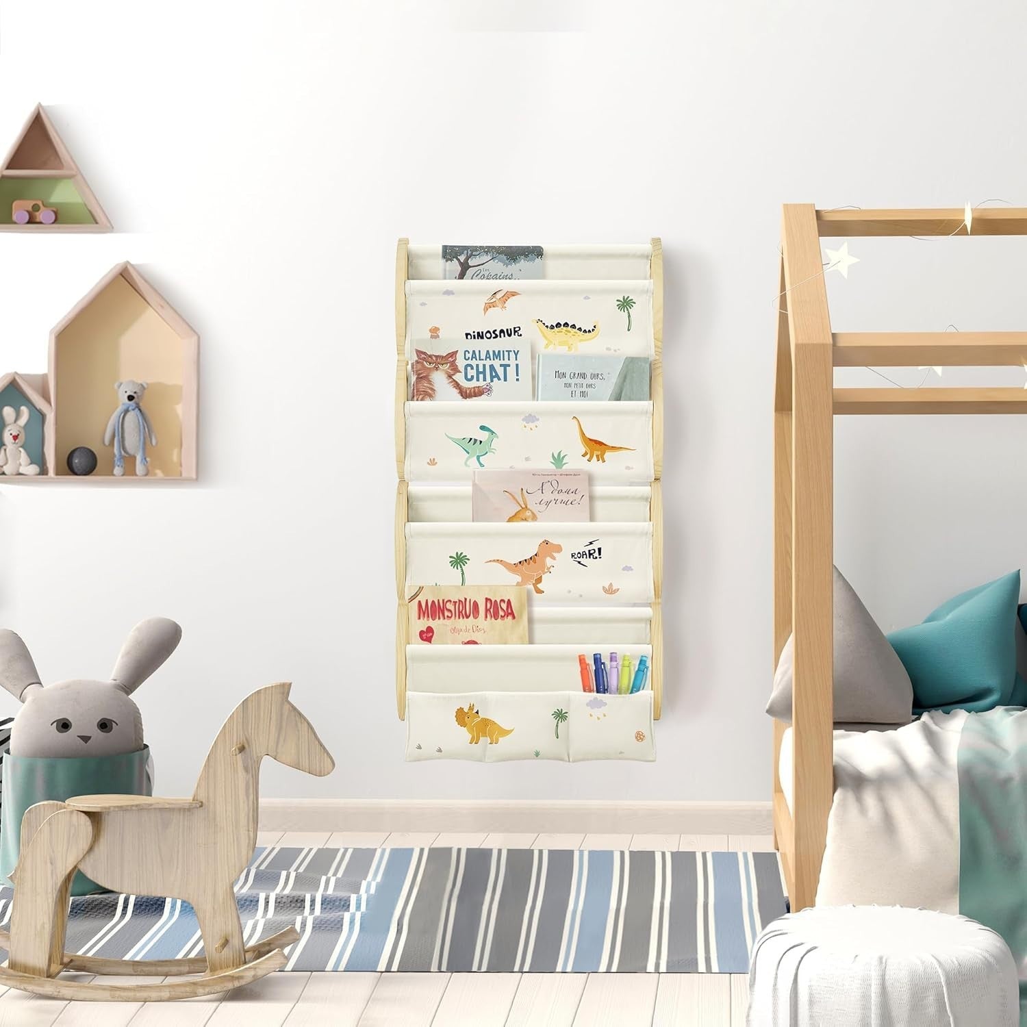 4-Tier Wall Mounted Kids Bookshelf with 3 Pockets & Fabric Sling, Dinosaur