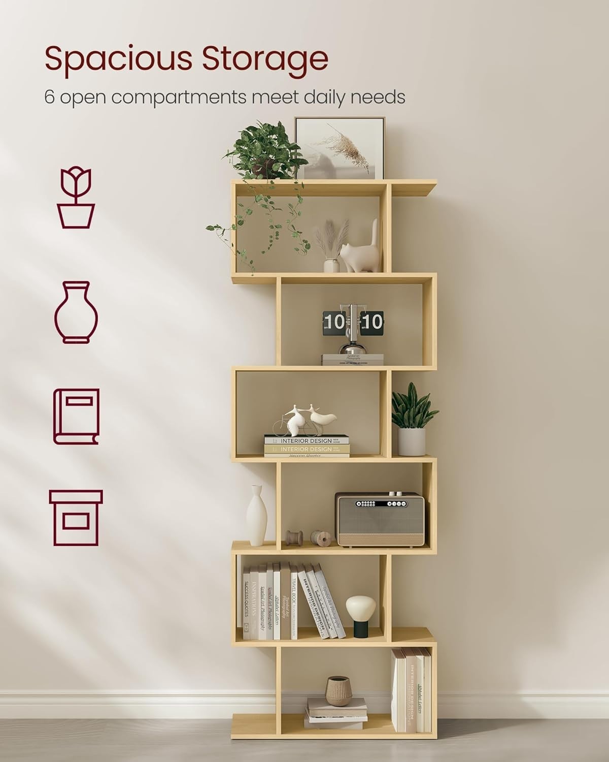 6 Tier Rustic Natural Bookcase S-Shaped Storage Shelf Room Divider 70x24x191cm