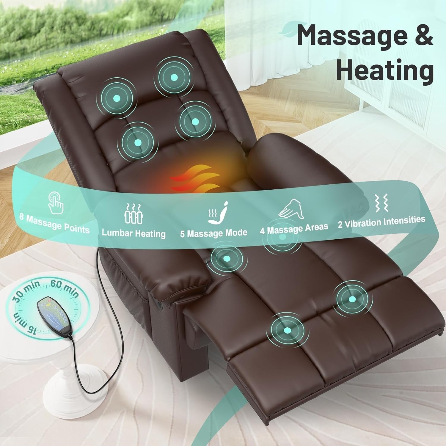 Recliner Armchair Massage Heat Padded Chair Adjustable Backrest Legrest Brown