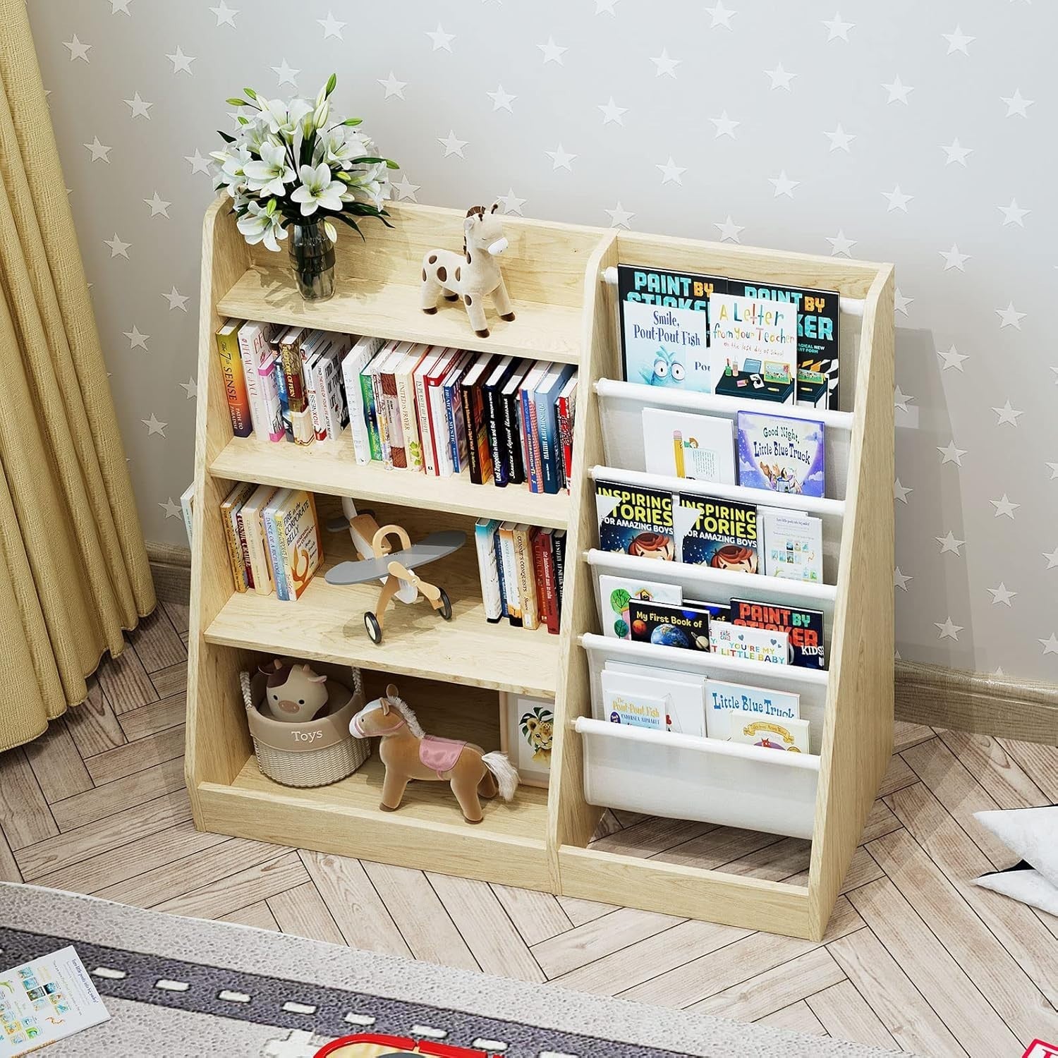 Kids Bookcase with 5 Sling Pockets & 4 Shelves – Wooden Toy & Book Organizer